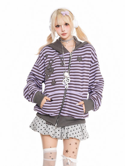 'Melody Stripes' Oversized Retro Y2K  Asymmetrical Zipper Striped Hoodie AlielNosirrah