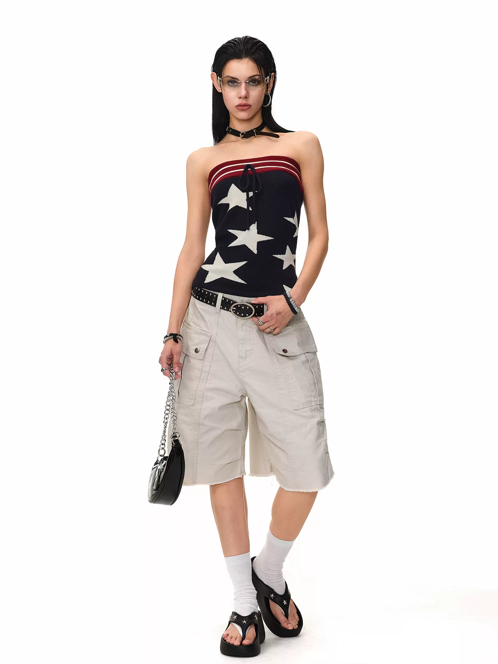 'Disco Star' Star Patchwork Knitted Striped Tube Top AlielNosirrah