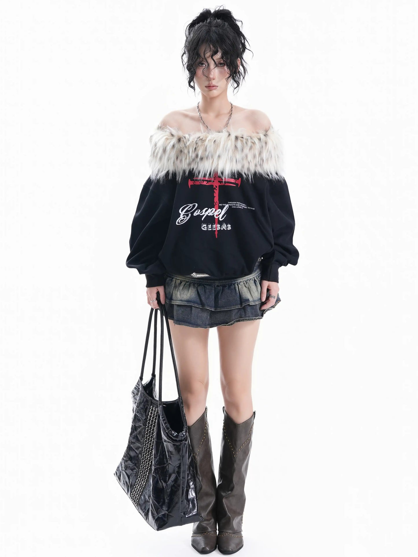 'Frost Kiss' Retro Glam Off-Shoulder Fur Trim Sweatshirt (Copy) AlielNosirrah