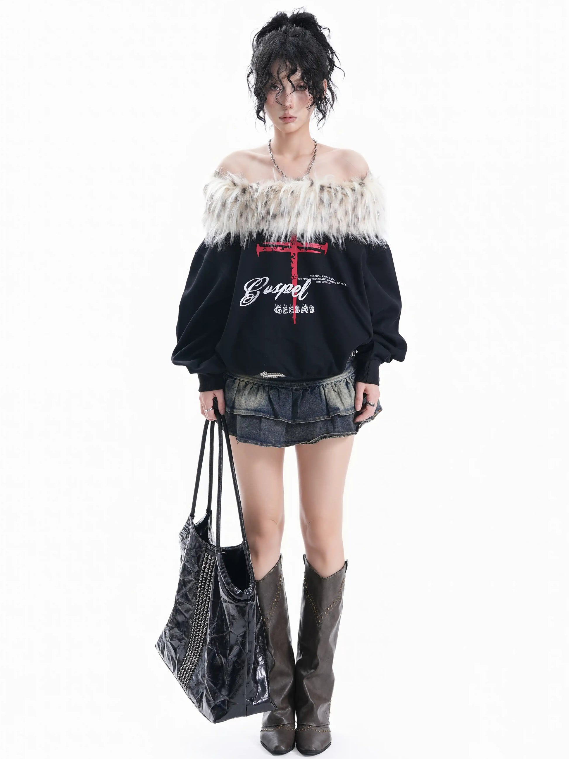 'Frost Kiss' Retro Glam Off-Shoulder Fur Trim Sweatshirt (Copy) AlielNosirrah