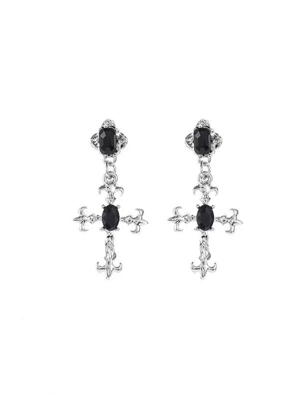 'Obsidian Faith' Gothic Black Stone Cross Pendants Earrings