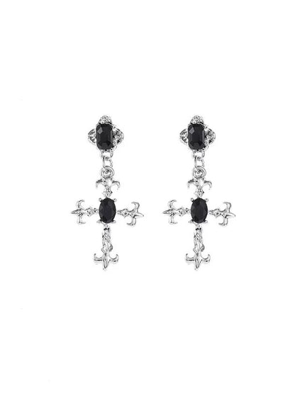 'Obsidian Faith' Gothic Black Stone Cross Pendants Earrings