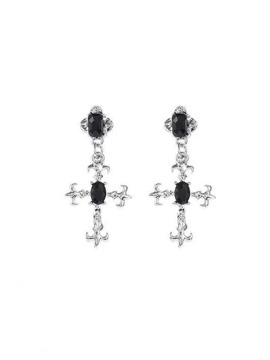 'Obsidian Faith' Gothic Black Stone Cross Pendants Earrings