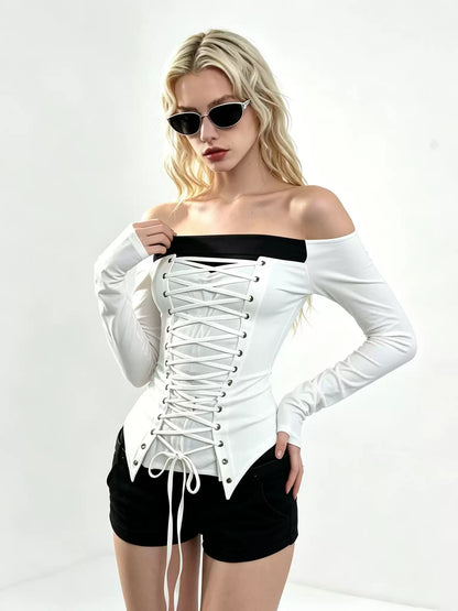 'Cream Bandage' White Off Shoulder Tie Waist Fitted Top