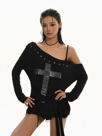 'CrossSlant' Cross Rivet Asymmetric Off Shoulder Long Sleeve