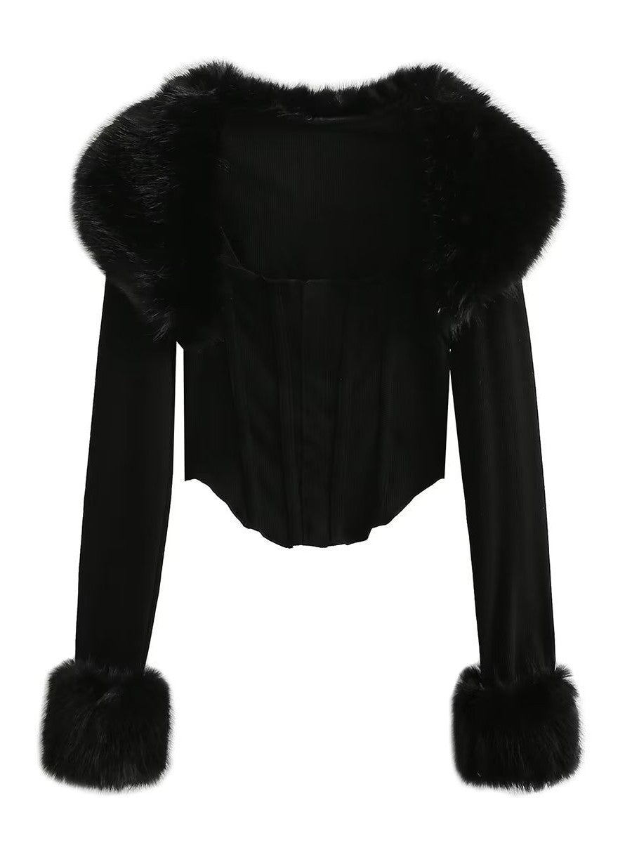 'Luxe Whisper' Vintage Faux Fur Collar Cardigan & Cropped Tank Top Set AlielNosirrah