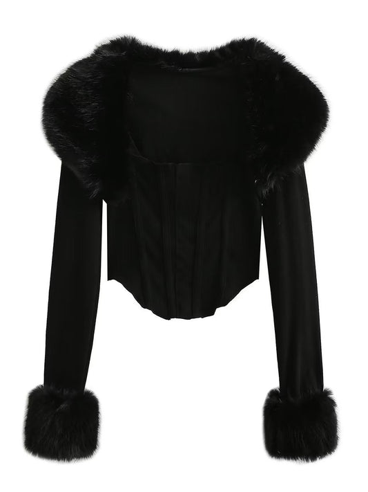 'Luxe Whisper' Vintage Faux Fur Collar Cardigan & Cropped Tank Top Set AlielNosirrah