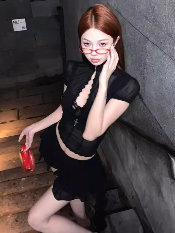 'Heatwave' Sexy Mesh Long-Sleeve Top & Mini Skirt Two-Piece Set AlielNosirrah