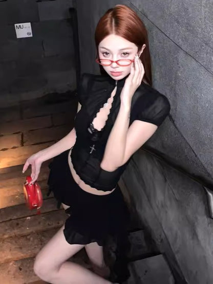 'Heatwave' Sexy Mesh Long-Sleeve Top & Mini Skirt Two-Piece Set AlielNosirrah