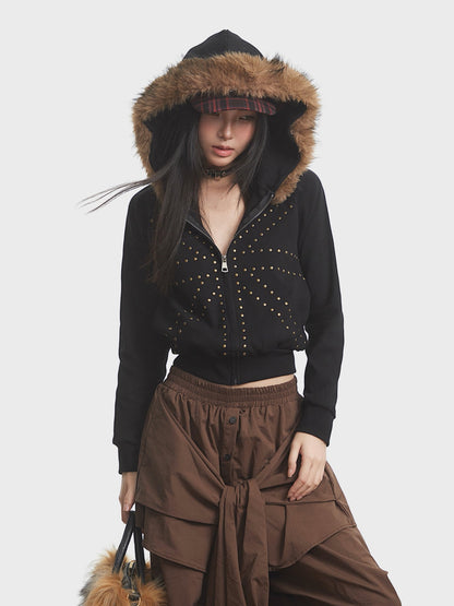 'Urban Stud' Fur Collar Studded Detailing Fleece Hoodie (Copy) AlielNosirrah