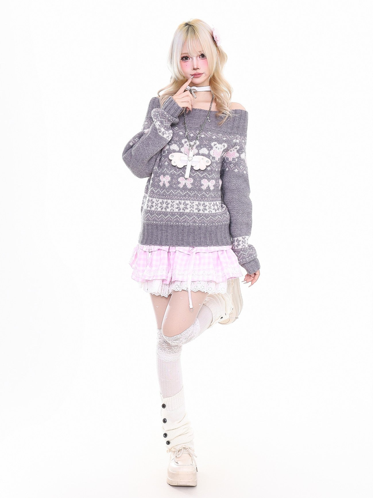 'Winter Wishes‘ Off-Shoulder Fair Isle Christmas Knit Sweater AlielNosirrah