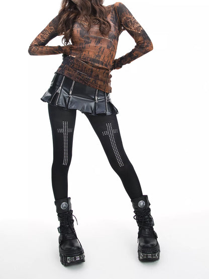 'Riotcross' Dark Punk Cross Studded Rhinestone Tights AlielNosirrah