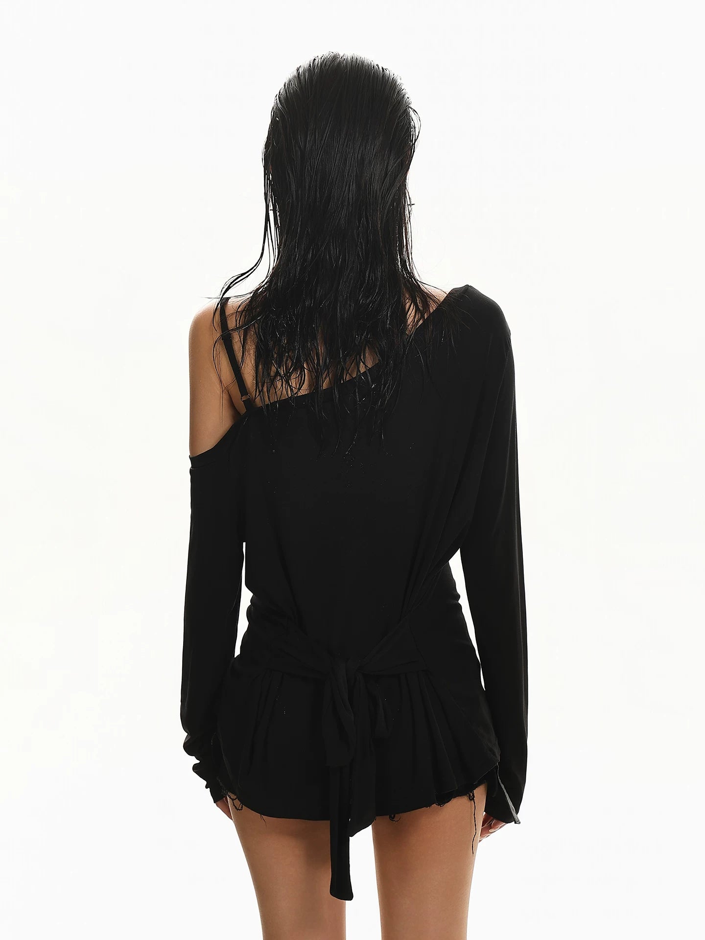 'CrossSlant' Cross Rivet Asymmetric Off Shoulder Long Sleeve