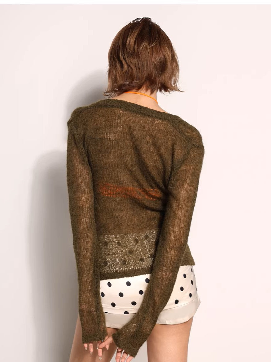 'Nightveil' V-Neck Long Sleeve Slim Sheer Knit Top AlielNosirrah