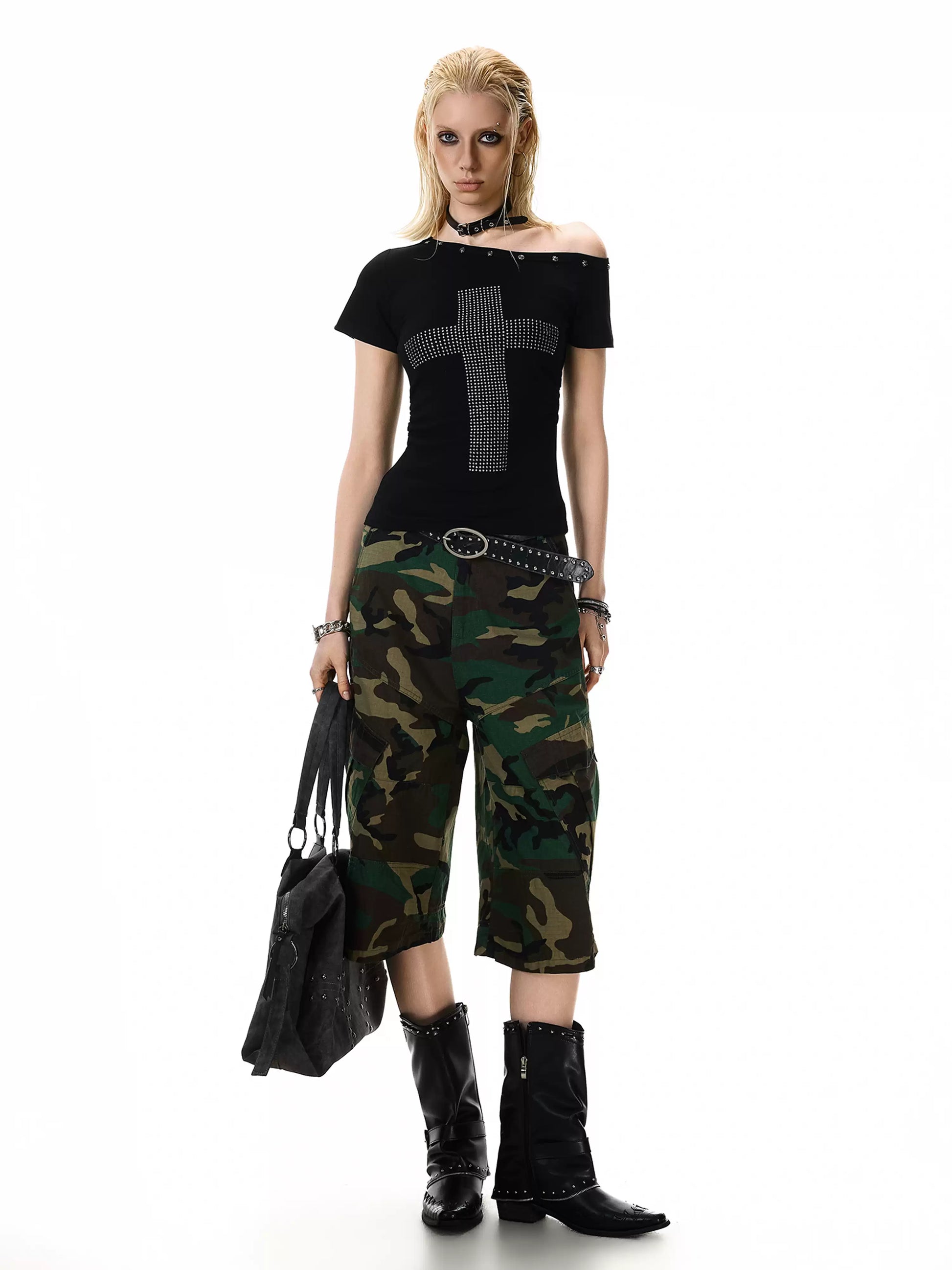 'Night Prayer' Retro Cross Rhinestone Asymmetrical Shoulder Tee (Copy) AlielNosirrah