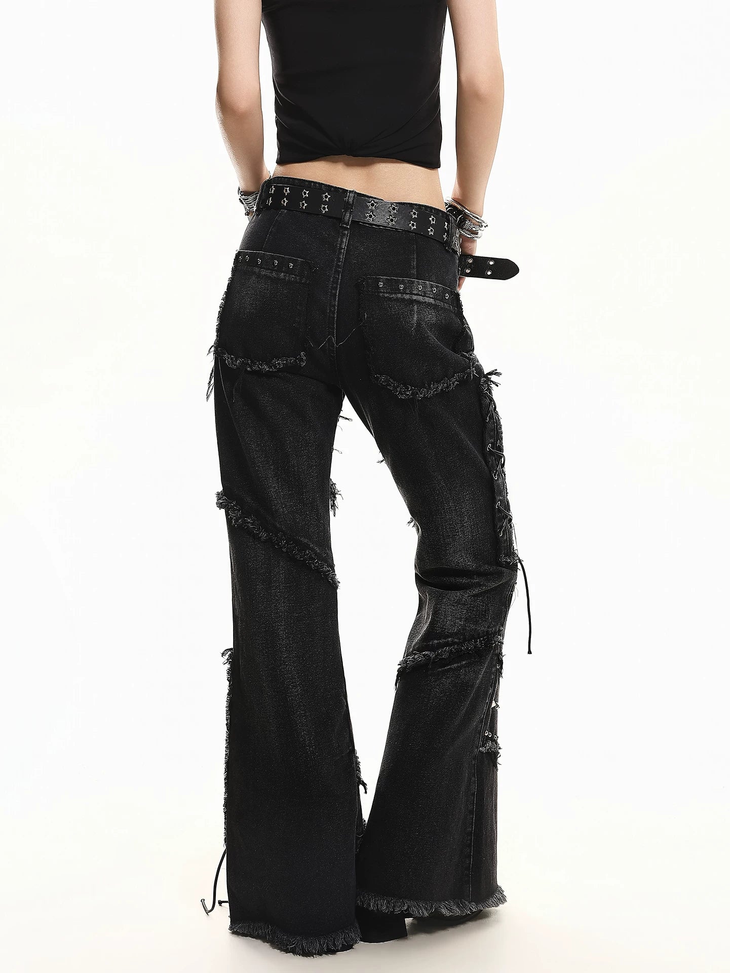 'OldSoul' Vintage Studded Distressed Frayed Flare Jeans