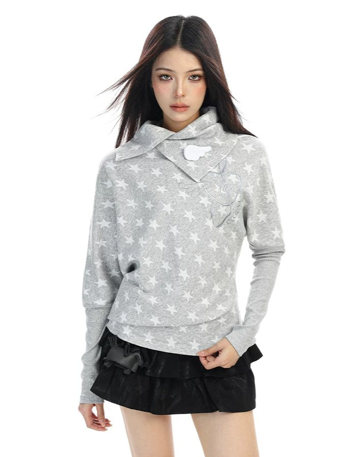 'Star Era' Allover Star Print Asymmetrical Long Sleeve Top AlielNosirrah