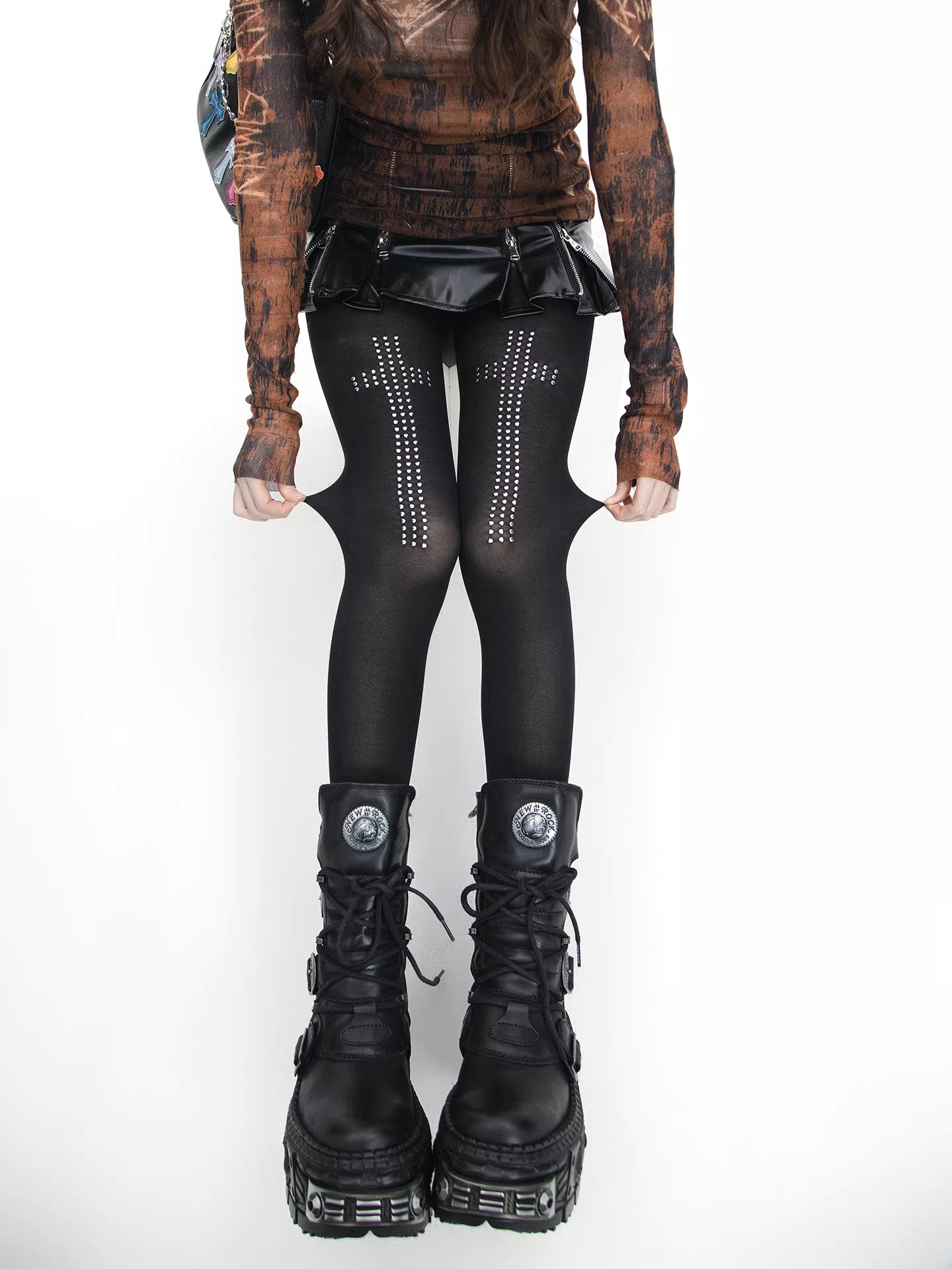 'Riotcross' Dark Punk Cross Studded Rhinestone Tights AlielNosirrah