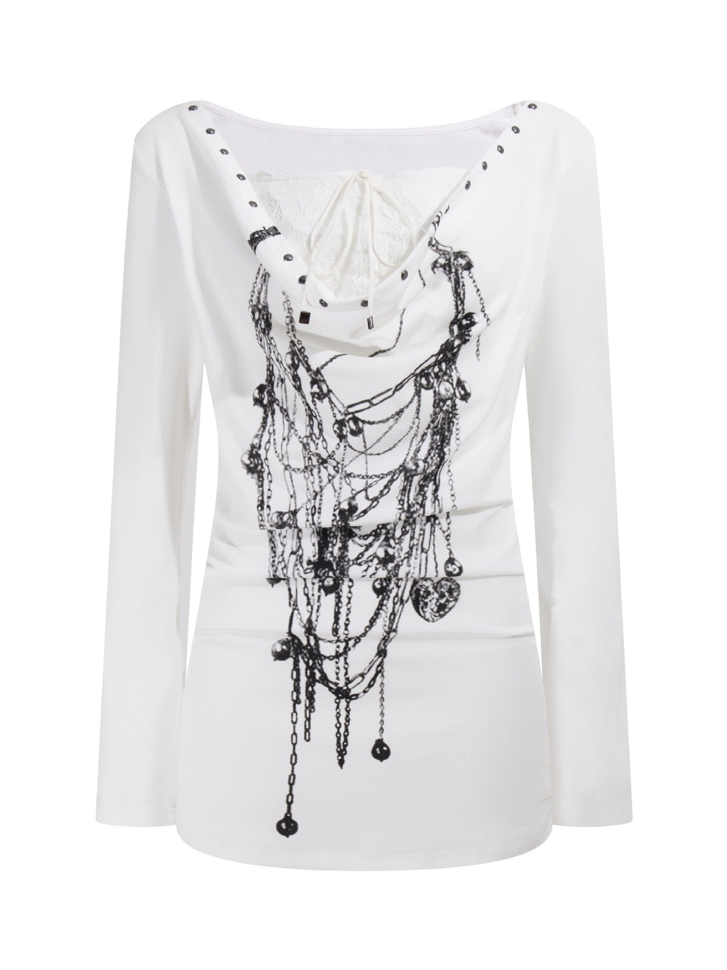 ’Kiss Chain' Faux-Layered Lace Trim Chain-Print Slim Fit Long Sleeve Top AlielNosirrah