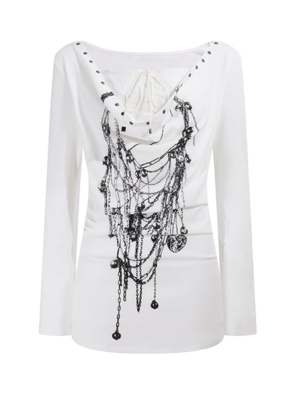 ’Kiss Chain' Faux-Layered Lace Trim Chain-Print Slim Fit Long Sleeve Top AlielNosirrah