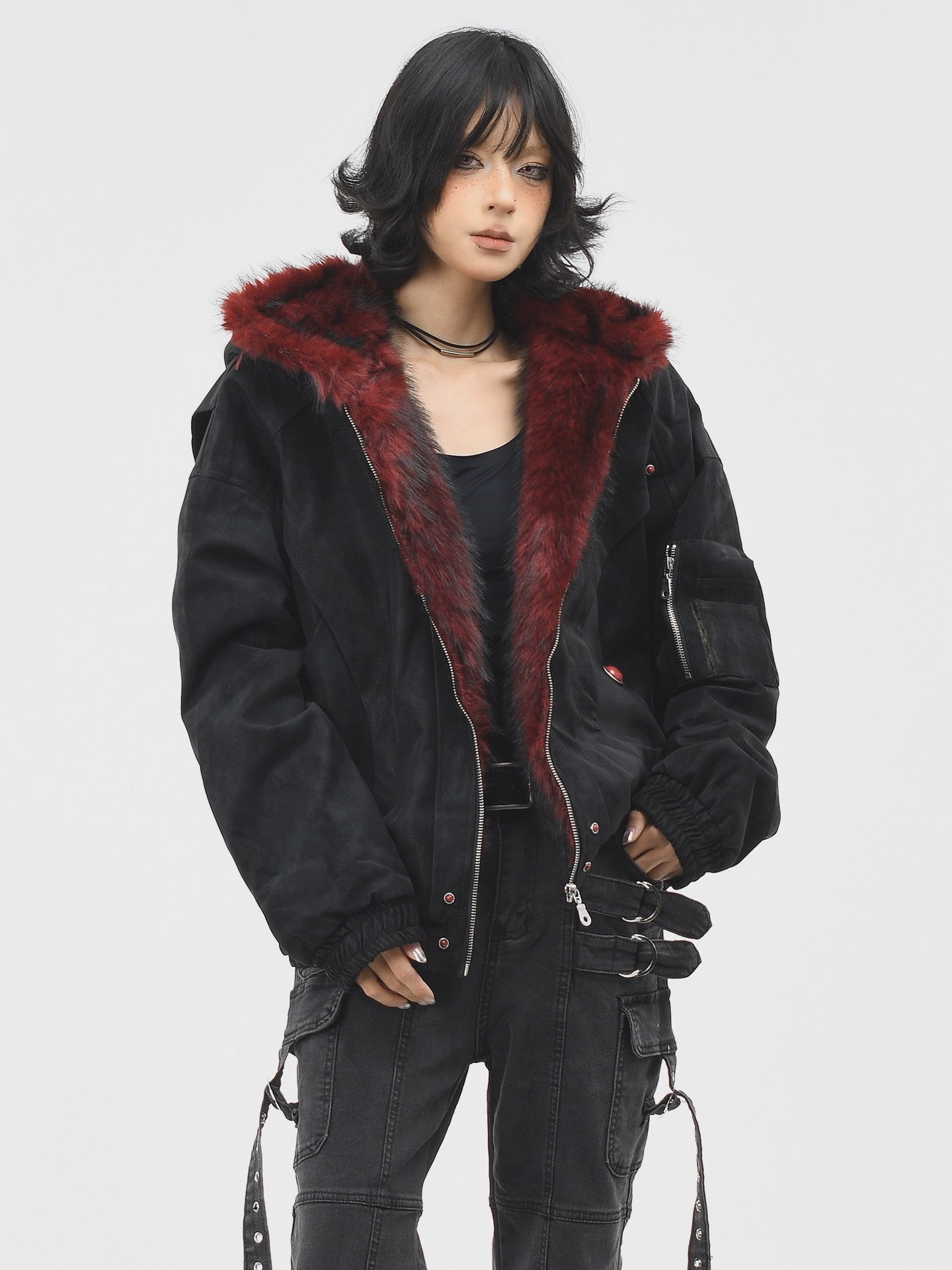 'Frosted Vixen' Double Zippers Faux Fur Collar Cropped Jacket (Copy) AlielNosirrah