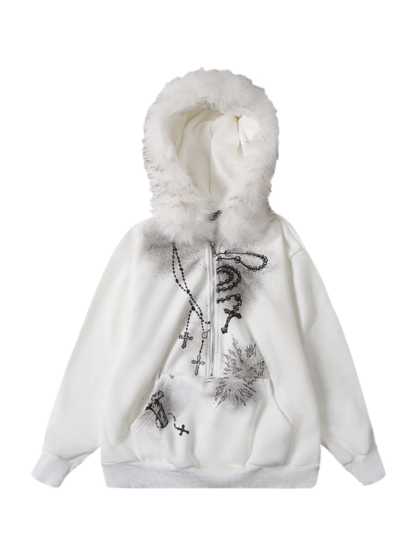 'Holy Charm' Chain-Print Fur Collar Graphic Fleece Hoodie (Copy) AlielNosirrah