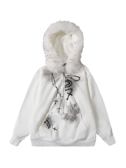 'Holy Charm' Chain-Print Fur Collar Graphic Fleece Hoodie (Copy) AlielNosirrah