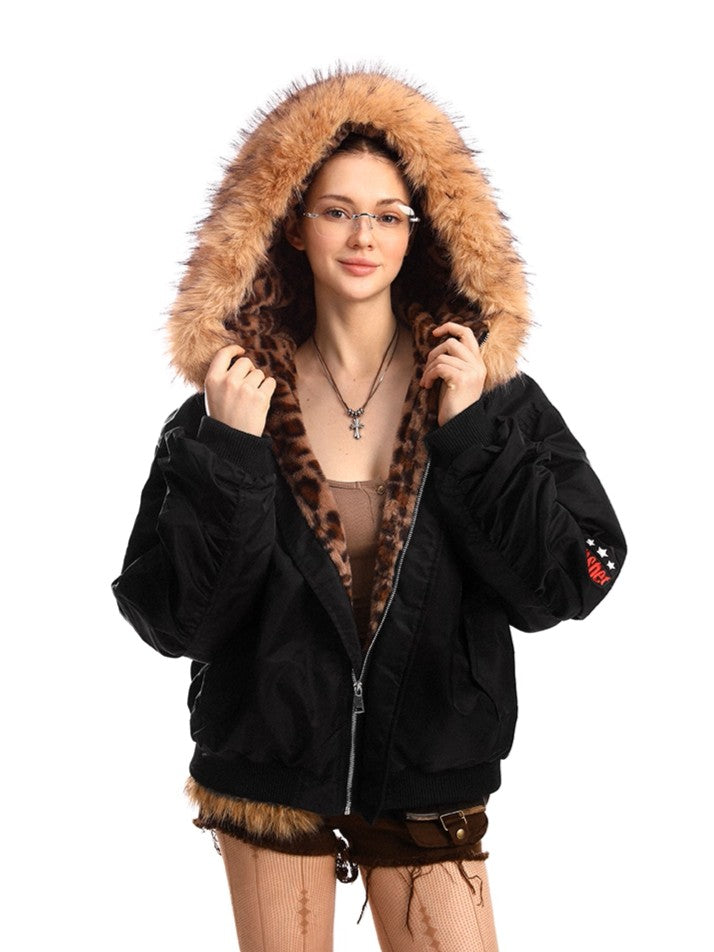 'Urban Jungle' Detachable Faux-Fur Collar Leopard Hooded (Copy) AlielNosirrah