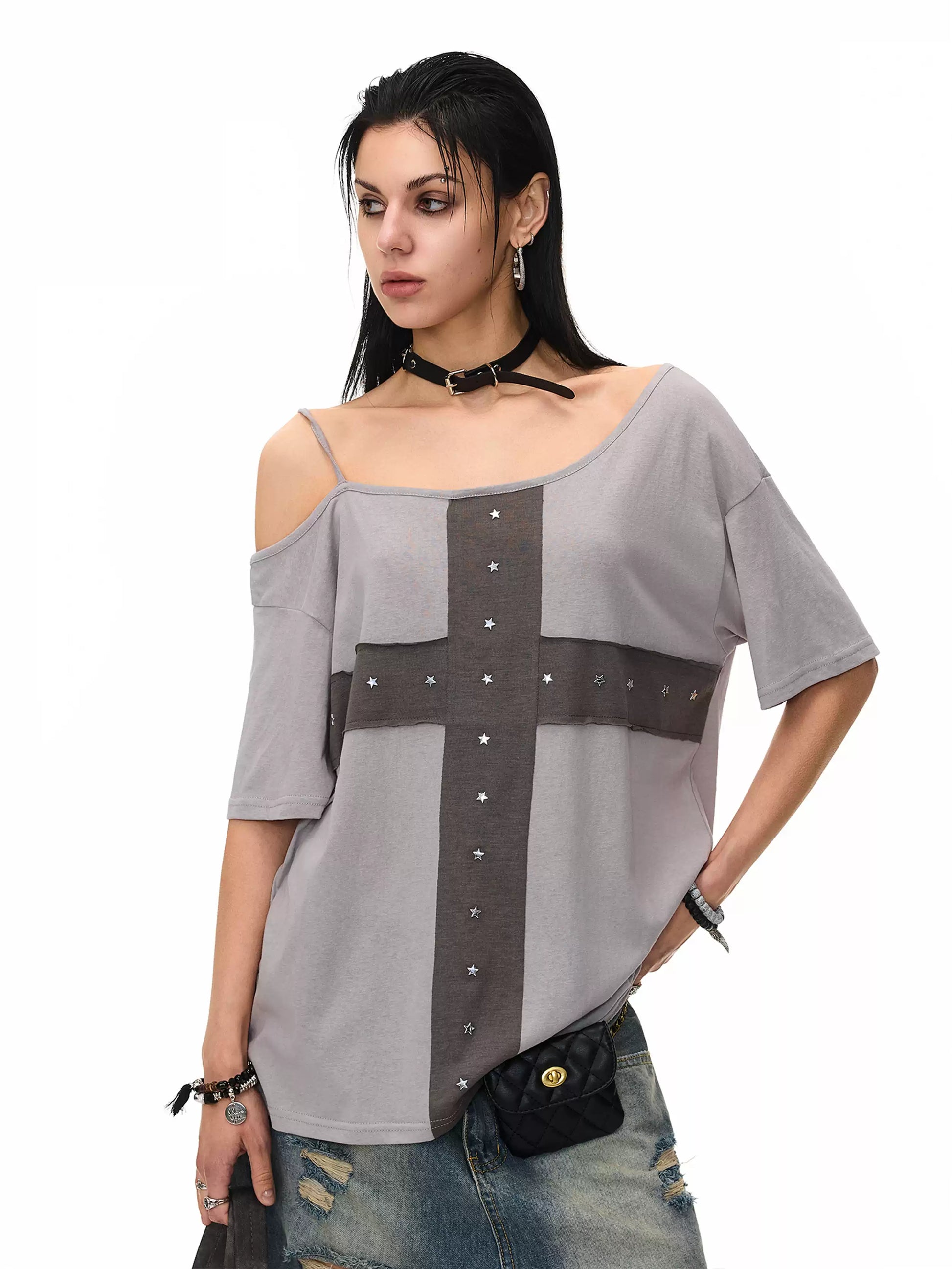 'Crossfire' Patchwork Cross Star Studded Off-Shoulder Top AlielNosirrah