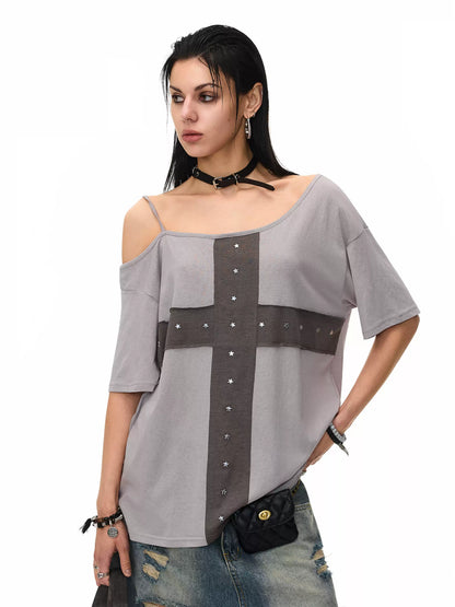 'Crossfire' Patchwork Cross Star Studded Off-Shoulder Top AlielNosirrah