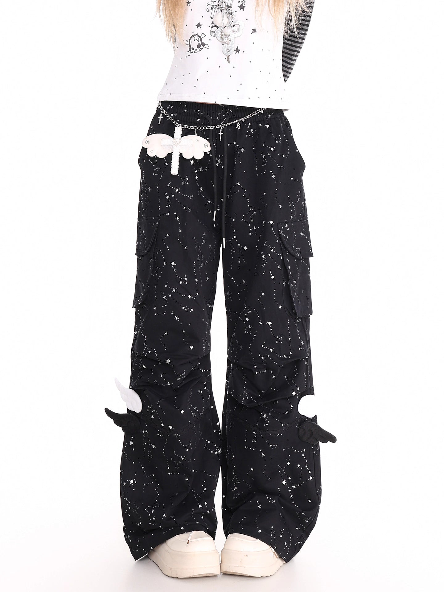 'Cosmic Angel' Sparkling Star Print Wing-Detail Cargo Pants AlielNosirrah
