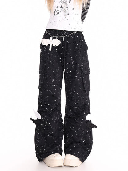 'Cosmic Angel' Sparkling Star Print Wing-Detail Cargo Pants AlielNosirrah
