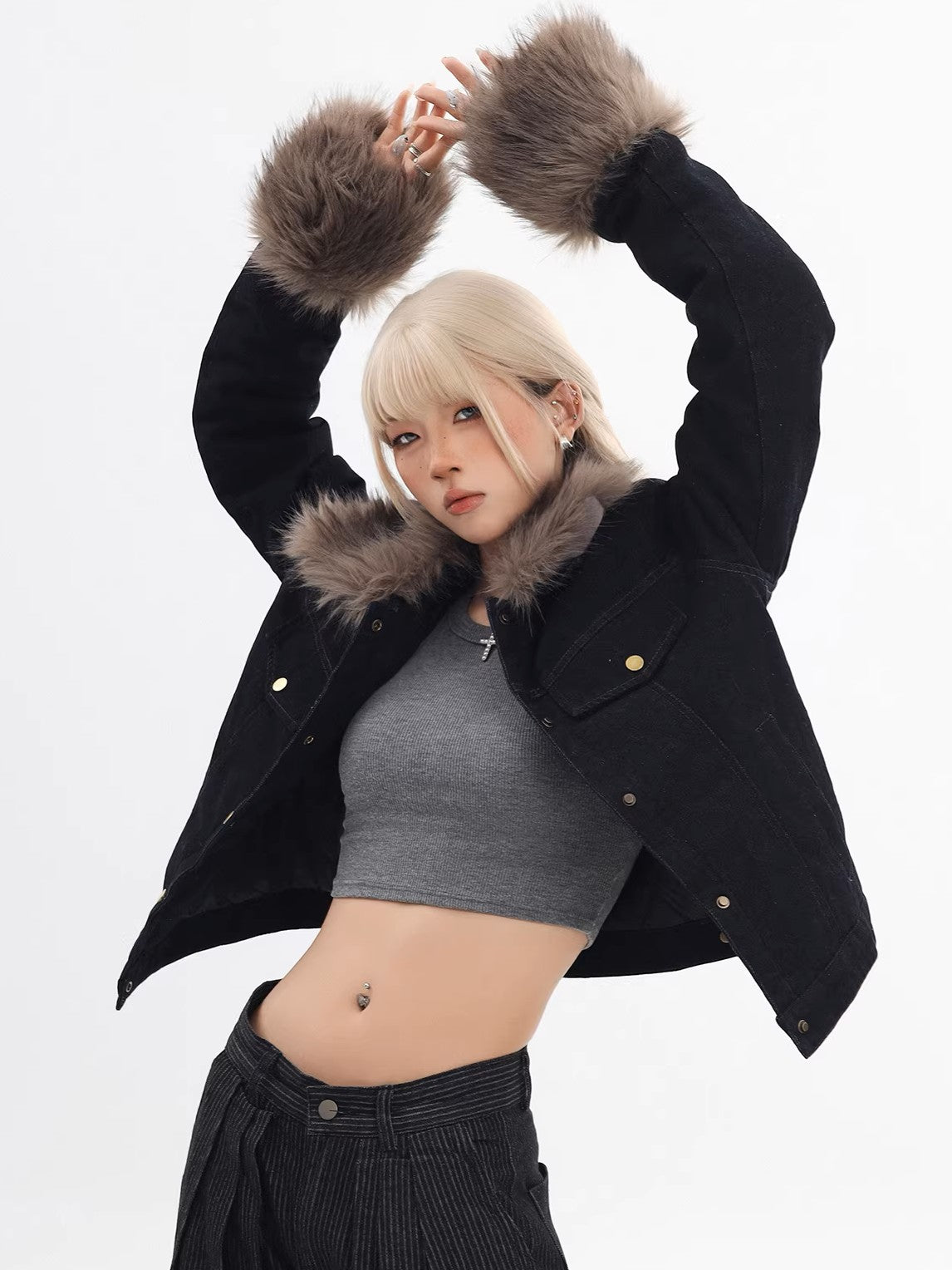 'Blue Haven' Vintage Fur-Collar Cropped Denim Puffer Jacket AlielNosirrah