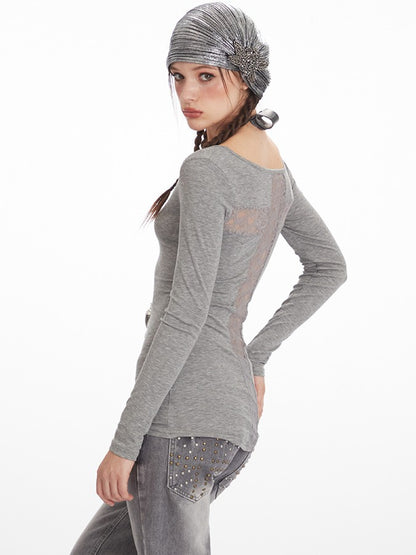 ’Lace Cross' Hot Girl Sexy Autumn Layering Tee Cross Back Lace Slim-Fit Long Sleeve Top AlielNosirrah