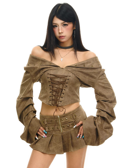 'Rustic Dusk' Off Shoulder Lapel Waist Flared Sleeve Corset Top