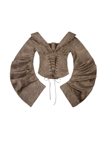 'Rustic Dusk' Off Shoulder Lapel Waist Flared Sleeve Corset Top