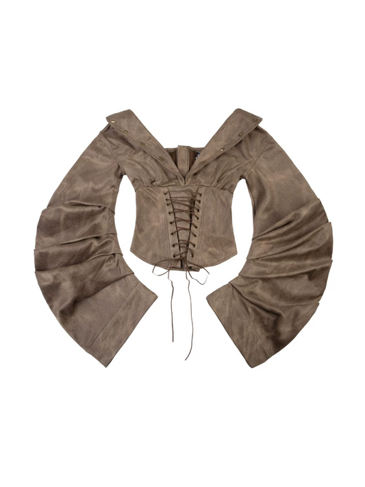'Rustic Dusk' Off Shoulder Lapel Waist Flared Sleeve Corset Top