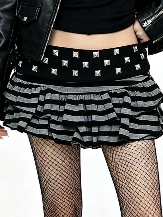 'Punk Tiers' Vintage Cute Punk Striped Multi-Layer Rivet Cake Skirt