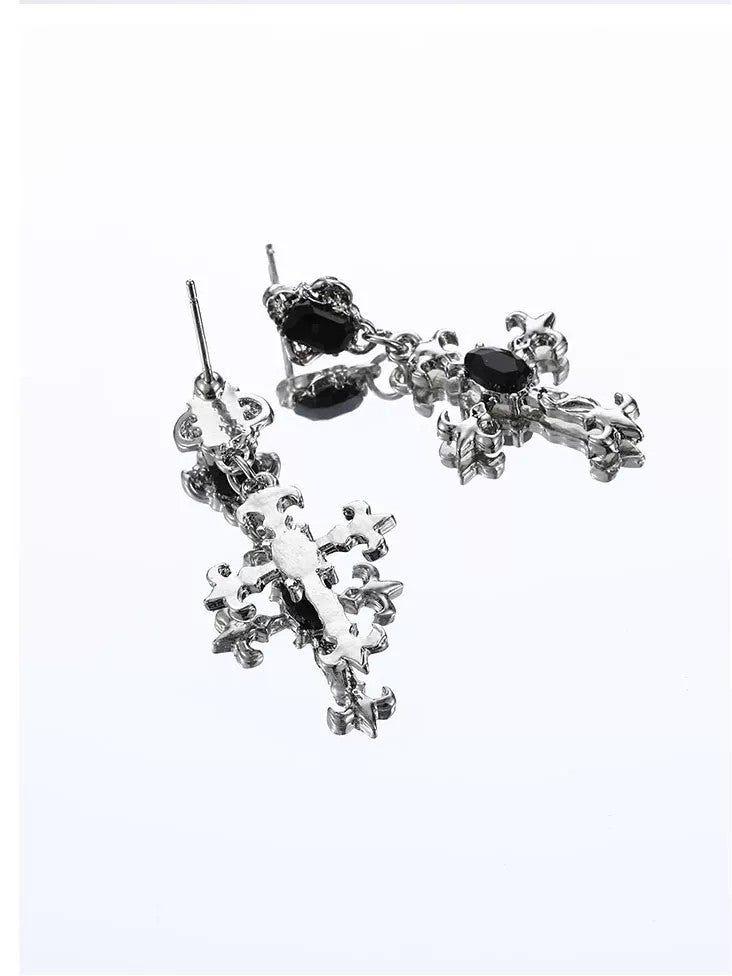 'Obsidian Faith' Gothic Black Stone Cross Pendants Earrings
