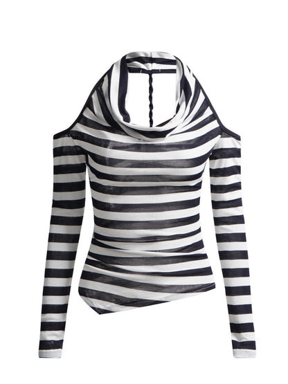 ’Stripes & Spice' Vintage Black & White Halter Off-Shoulder Striped Long Sleeve Top (Copy) AlielNosirrah