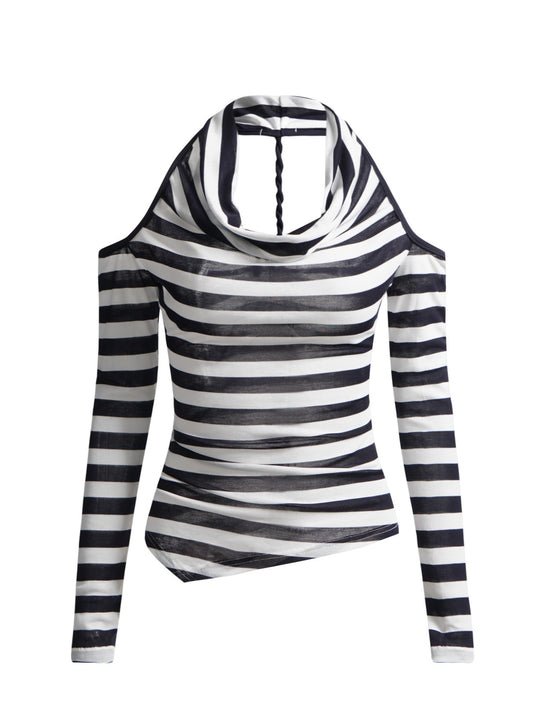 ’Stripes & Spice' Vintage Black & White Halter Off-Shoulder Striped Long Sleeve Top (Copy) AlielNosirrah