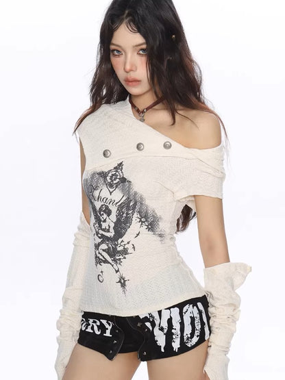 'Slashwave' Y2K Asymmetrical Knit Top with Detachable Sleeves AlielNosirrah