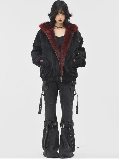 'Frosted Vixen' Double Zippers Faux Fur Collar Cropped Jacket (Copy) AlielNosirrah