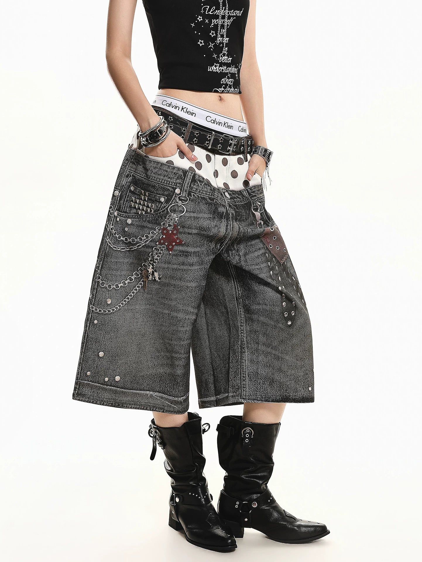 'Star Bloom' Vintage Washed Double Waist Graphic Capri Denim Pants AlielNosirrah