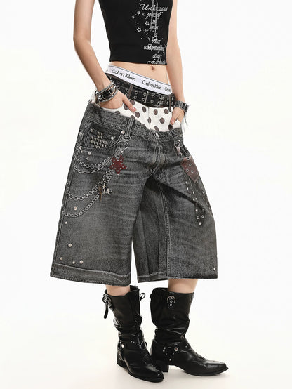 'Star Bloom' Vintage Washed Double Waist Graphic Capri Denim Pants AlielNosirrah