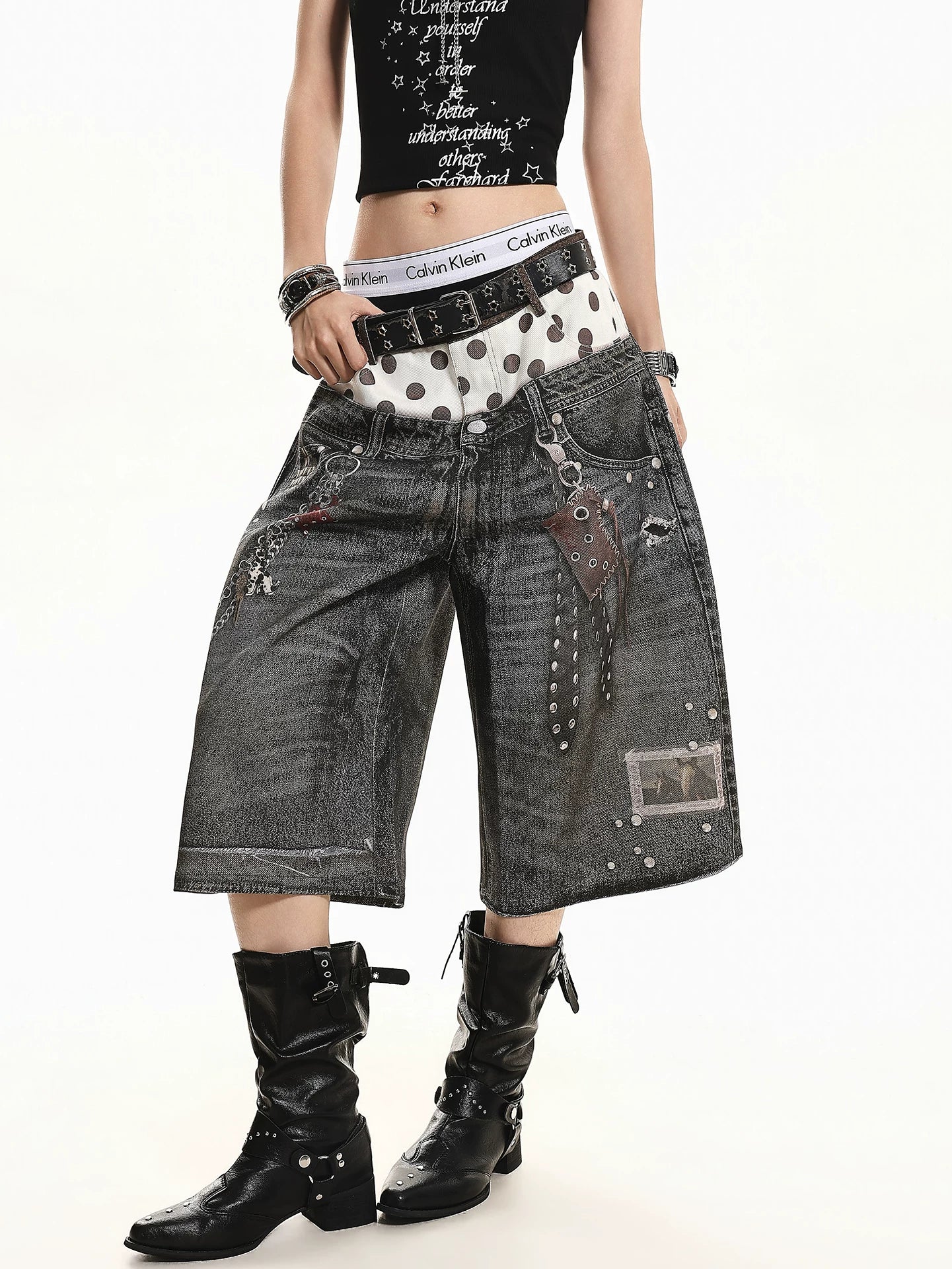 'Star Bloom' Vintage Washed Double Waist Graphic Capri Denim Pants AlielNosirrah