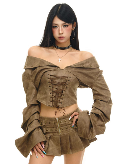 'Rustic Dusk' Off Shoulder Lapel Waist Flared Sleeve Corset Top