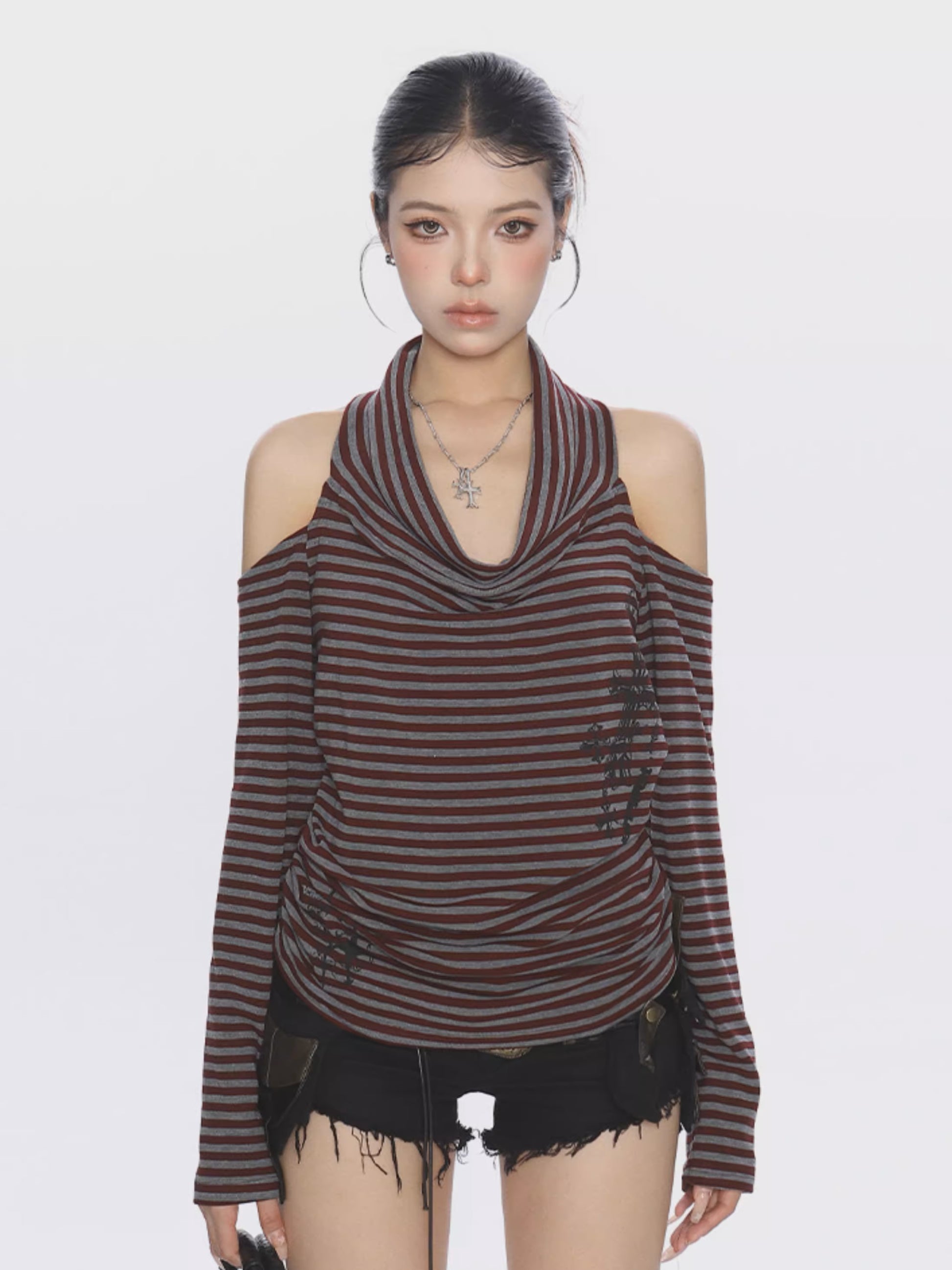 ’Sway & Style' Cross-Strap Off-Shoulder Long Sleeve Tee AlielNosirrah