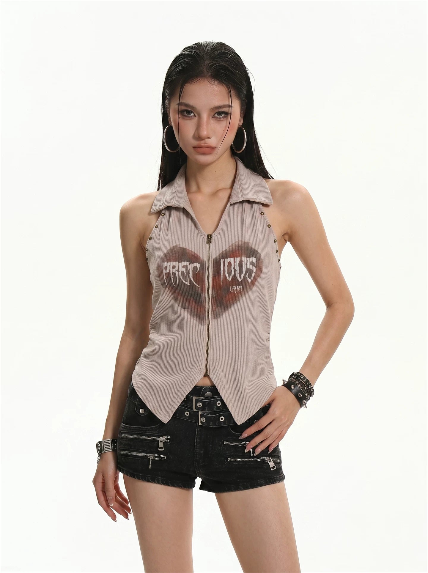 'Vice Graphic' Vintage Studded Zip-Off Shoulder Sleeveless Top AlielNosirrah