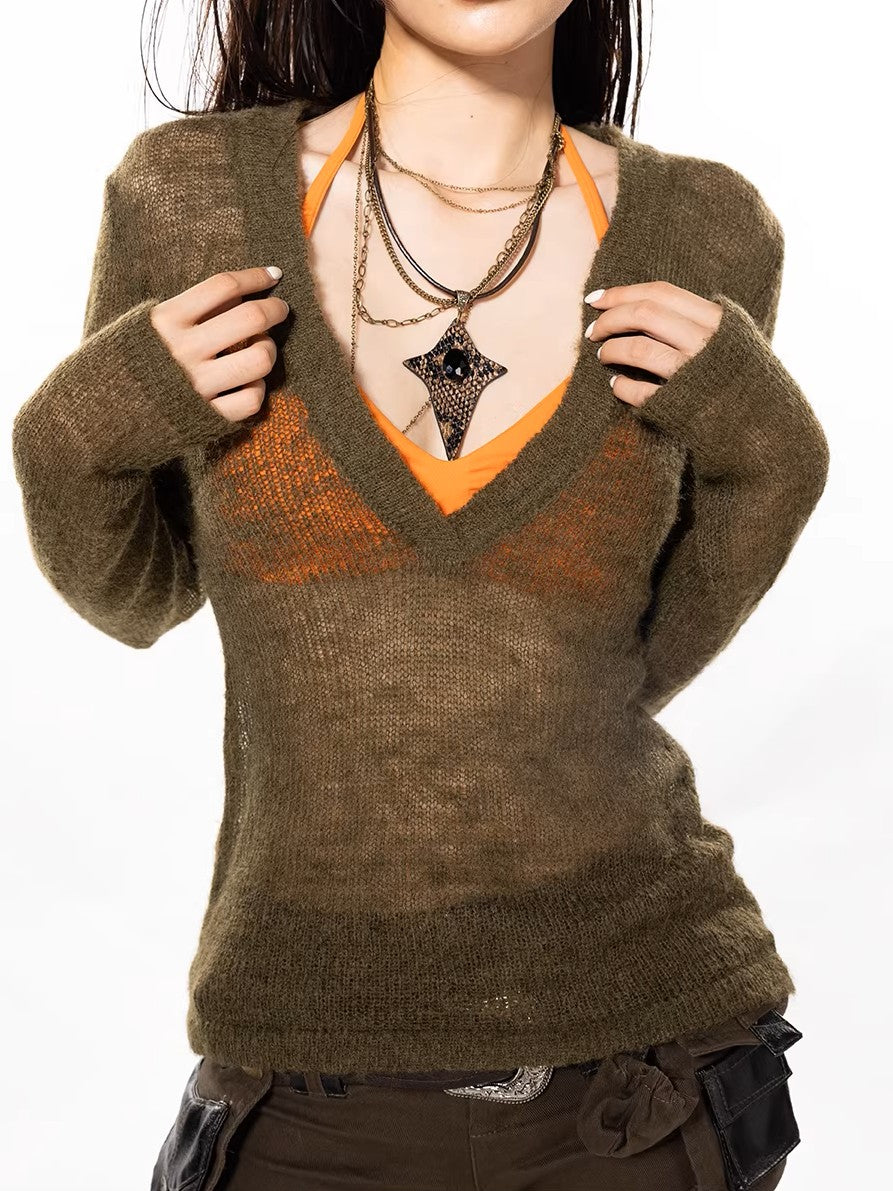 'Nightveil' V-Neck Long Sleeve Slim Sheer Knit Top AlielNosirrah